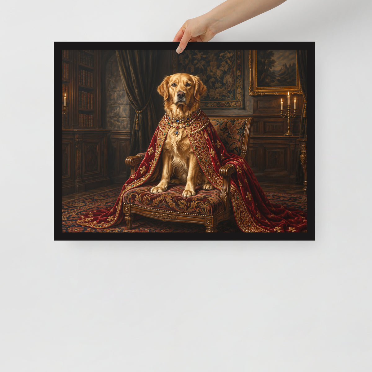 Royal pet portrait of a golden retriever, 18x24 framed print in a black wood frame