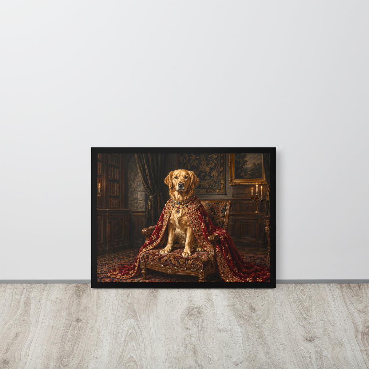 Royal pet portrait of a golden retriever, 18x24 framed print, another view