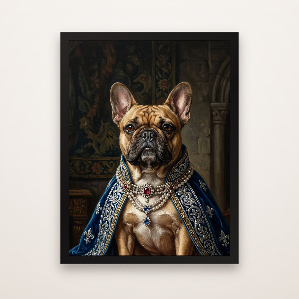 Example royal portrait of a French bulldog, framed