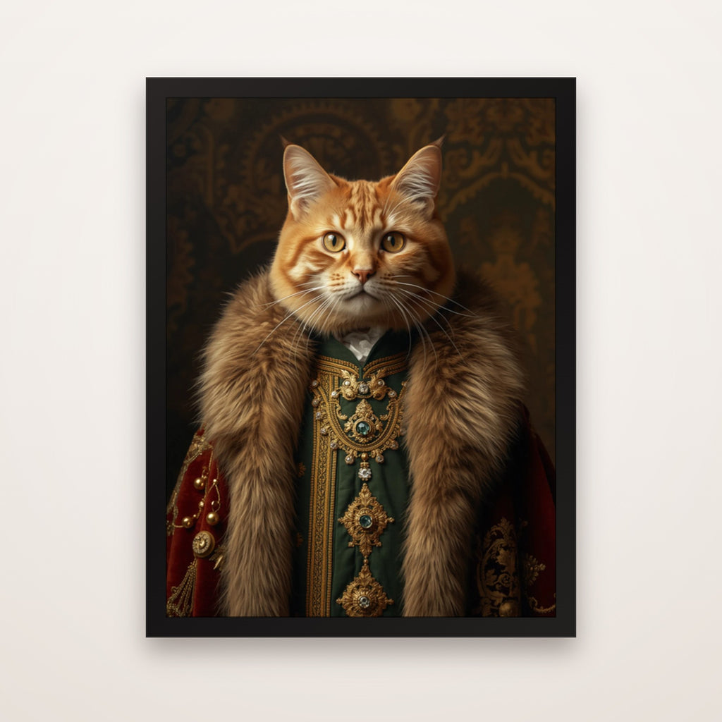 Example royal portrait of an orange tabby cat, framed