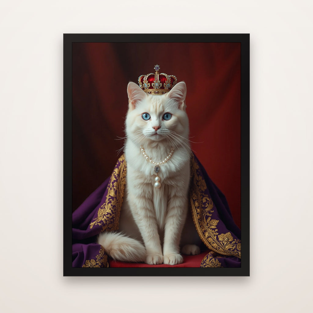 Example royal portrait of a white persian cat, framed