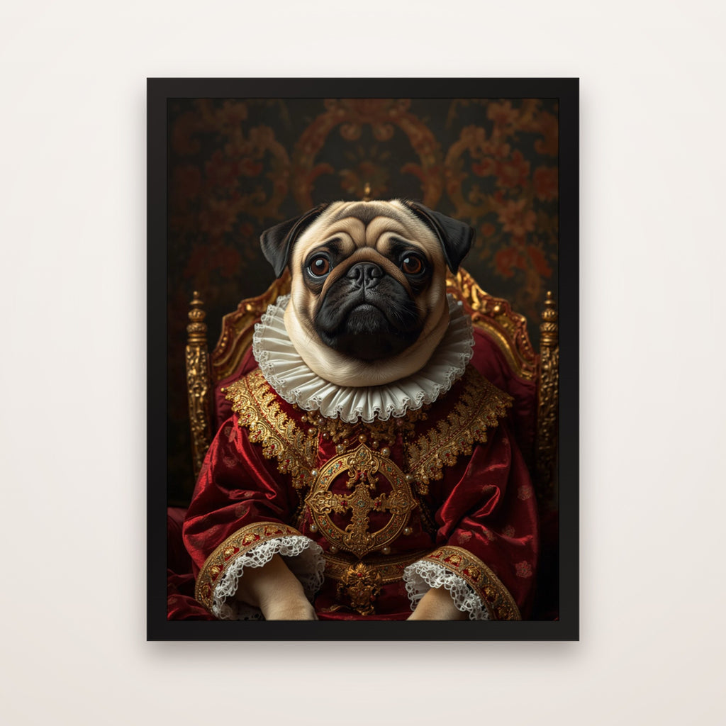 Example royal portrait of a pug, framed