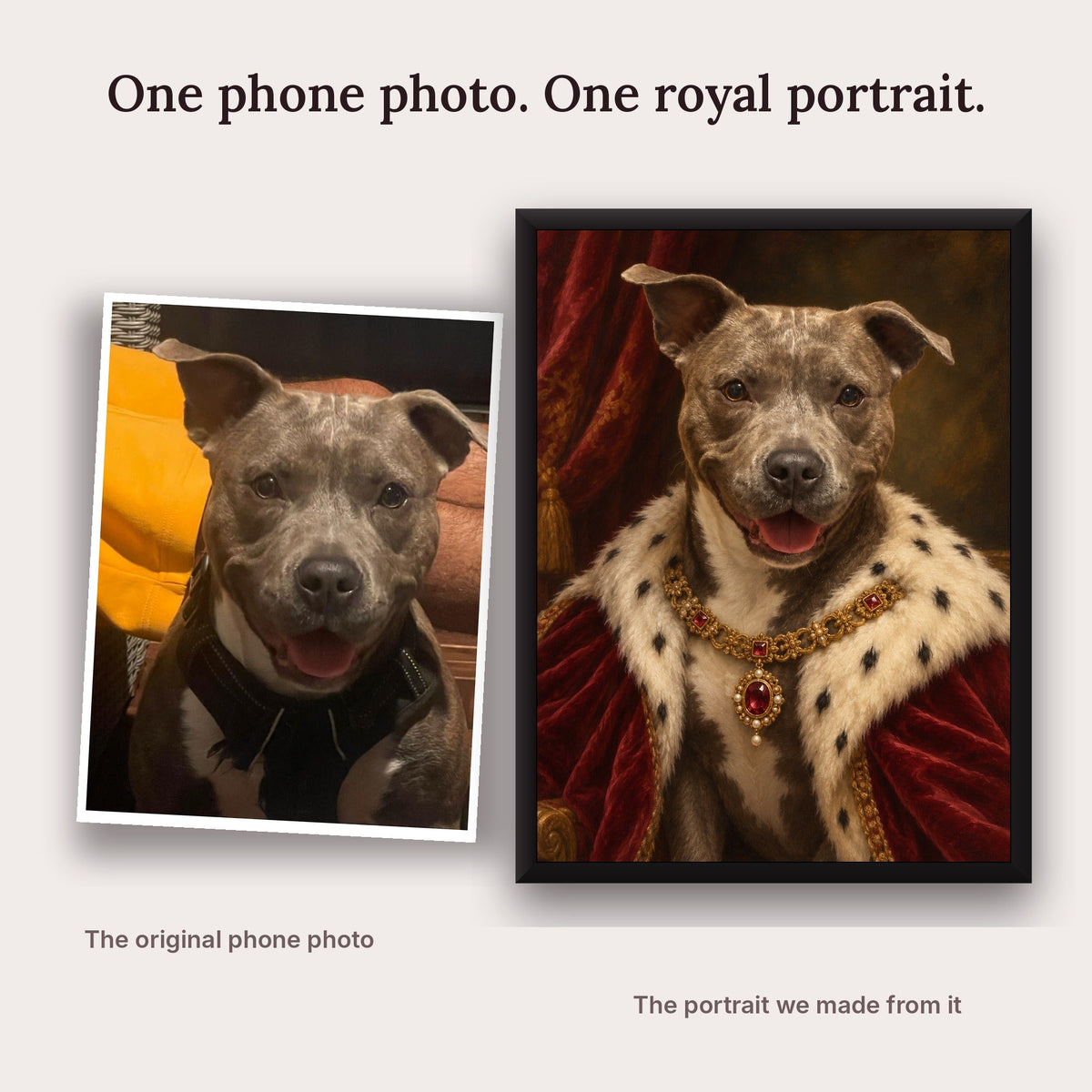 The original phone photo of Tay next to the royal portrait made from it
