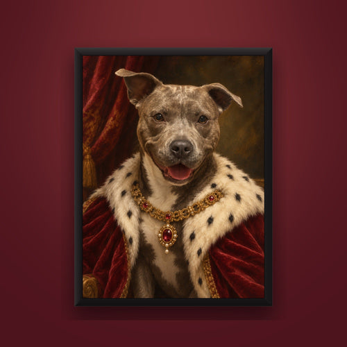 Royal portrait of Tay, a blue Staffordshire terrier, in a slim black frame