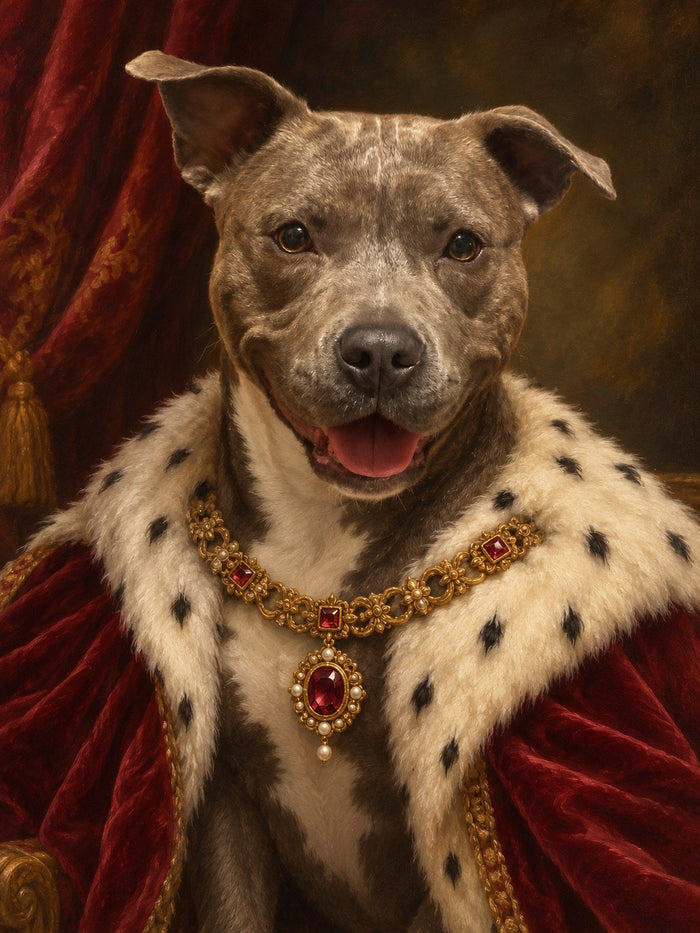 Royal portrait of Tay in a red velvet cape with an ermine collar